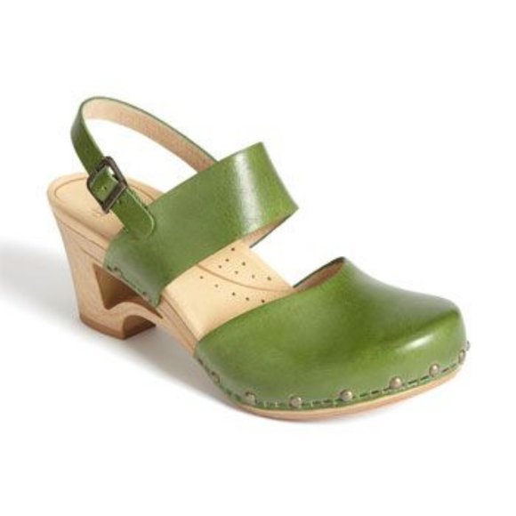 green leather clogs
